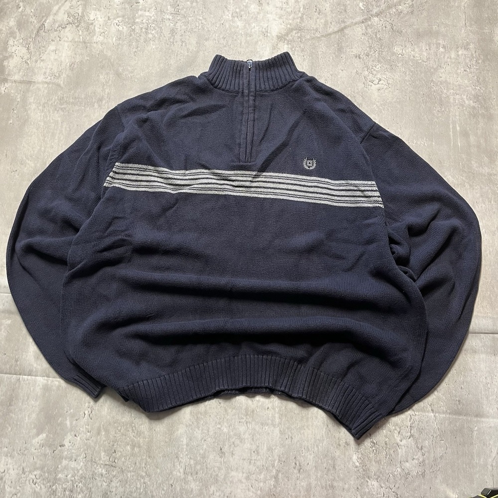New! Fabulous Chaps Quarter Zip Men's L Horizontal Striped Sweater! Blue/white